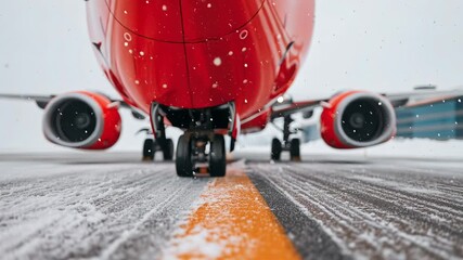 An airplane taxiing on a snowy airport runway. Low angle close-up of a passenger jet moving during winter weather. Air travel and transportation concept - Powered by Adobe