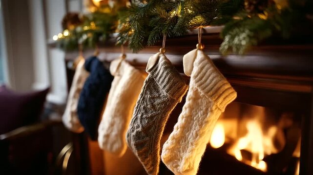 Close up of stockings hung on fireplace mantel with garland no faces or people visible Christmas tradition setup holiday decoration festive mantel xmas stockings seasonal dis