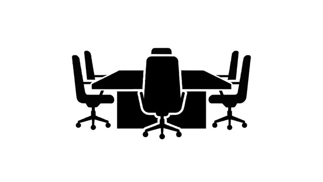 Vector illustration&nbsp;of black and white icon silhouette of a conference table with four office chairs isolated on transparent background