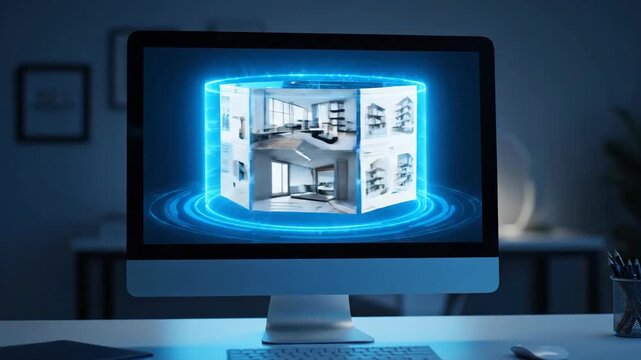 Computer monitor displaying futuristic digital data visualization concept