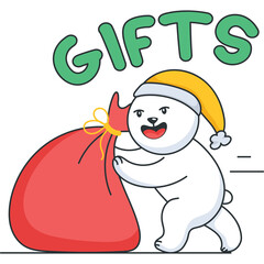 Cartoon polar bear wearing a yellow santa hat carrying a large red gift sack with green text gifts above isolated on a transparent background