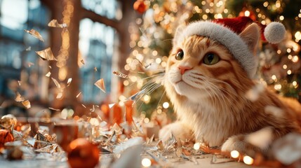 Ginger cat in a Santa hat sits among sparkling shards of broken ornaments with Christmas lights behind, funny and slightly naughty holiday pet scene.