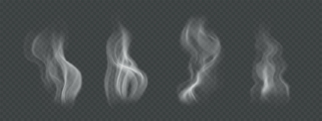 Fototapeta premium Set of steam and smoke. Realistic, wavy vapor from hot food, tea, coffee isolated on transparent background