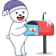 Cute polar bear wearing a purple Santa hat putting a holiday card into a red mailbox with snow on top on a transparent background