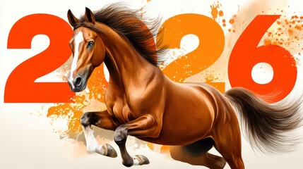 Dynamic chestnut horse in motion against large orange 2026 numbers with bright paint splashes, modern New Year poster for the Year of the Horse.