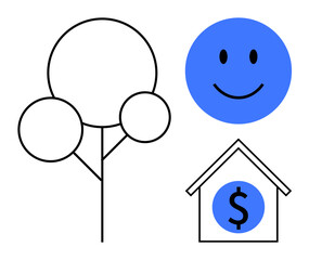 Financial growth. Abstract symbols including a tree, happy face, and house with a dollar sign financial growth and stability. Ideal for finance, economy, investment, and sustainability topics