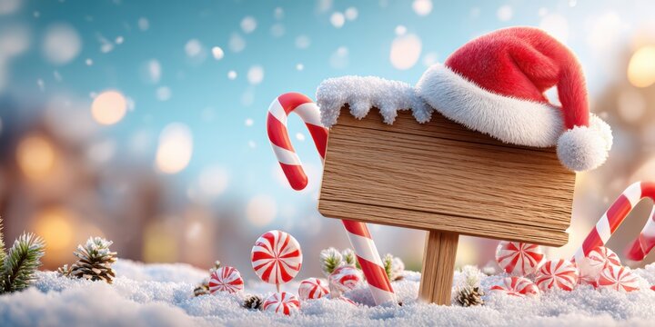 Empty wooden sign in the snow with a Santa hat and candy canes, set against a winter landscape with soft lights, perfect background for Christmas or New Year text.