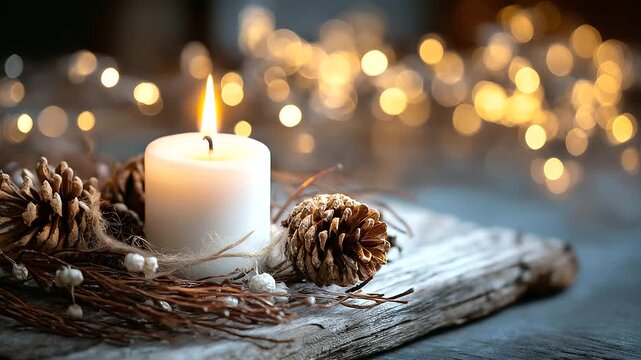Close up of white candle with natural Christmas decorations on rustic wood no people visible advent candle holiday tradition natural elements rustic Christmas pine cones and