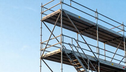 Medium shot of sturdy scaffolding framework set against a clear sky showcasing temporary construction support for shortterm engineering projects.