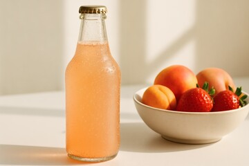 Bottle of peach drink with fruit bowl on white surface in soft light setting