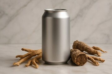 Silver can surrounded by ginseng roots on a marble surface close up shot