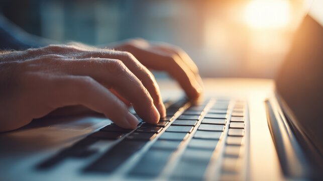 Close up view captures human hands actively typing on a portable computer keyboard illuminated by warm sunlight