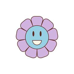 Groovy retro flower with colorful cartoon graphic style and cute happy smiley face sticker. Sticker art with flat y2k look, groovy element for playful, positive, youthful accent and fun decor
