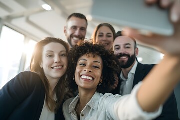 Group of colleagues taking a selfie together with a mobile phone in the office