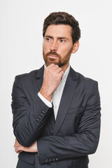 Vertical shot of Confident business man company owner entrepreneur serious professional executive manager businessman leader looking aside standing arms crossed isolated white studio background