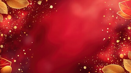 Red luxury festive background with golden leaves and shimmering glitter confetti for christmas or new year design