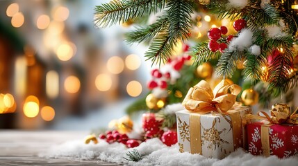 Christmas composition with decorated fir branches, red berries and gold ribbon gifts on snowy wooden table, bokeh lights