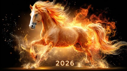Fiery golden horse running through sparks on black background with glowing 2026 text, symbol of powerful new year of the horse