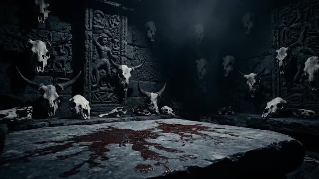 Dark chamber interior with skulls stone table carved walls and dramatic lighting
