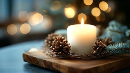 Close up of white candle with natural Christmas decorations on rustic wood no people visible advent candle holiday tradition natural elements rustic Christmas pine cones and