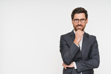 Corporate, professional and businessman trading in crypto or thinking of profit on investment in economy. Investor looking at camera copy space in studio white background and business in stock market.