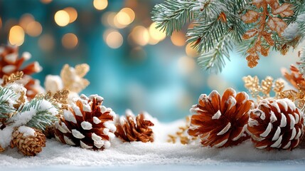 Minimalistic winter background with snow-covered fir branches and pine cones on both sides, soft snow surface in foreground, blurred blue background with warm golden bokeh lights