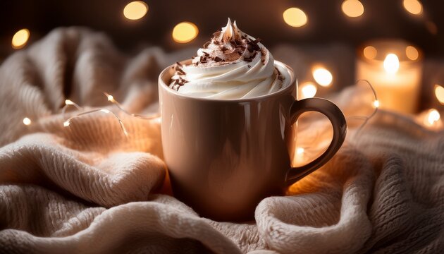 a cozy cup of hot chocolate topped with whipped cream and chocolate shavings nestled in a soft blanket with warm fairy lights - Powered by Adobe
