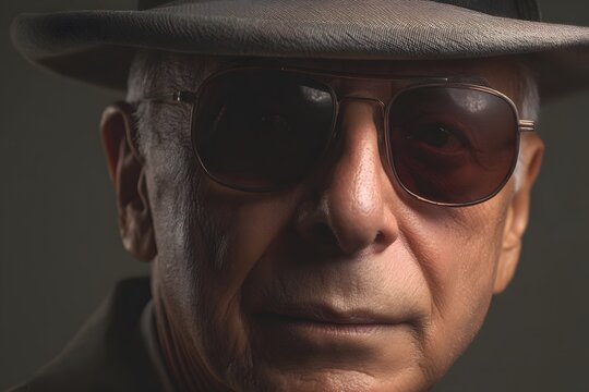 Intense close up portrait of an elderly man with hat and sunglasses