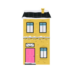 Cute Cartoon Yellow Christmas House Facade with Pink Door, Snow, and Festive Lights