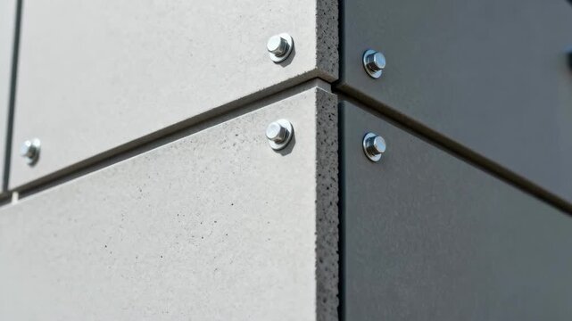Medium shot featuring close detail of fiber cement panel joints and fasteners highlighting precision in installation of smooth commercial fa&ccedil;ade.