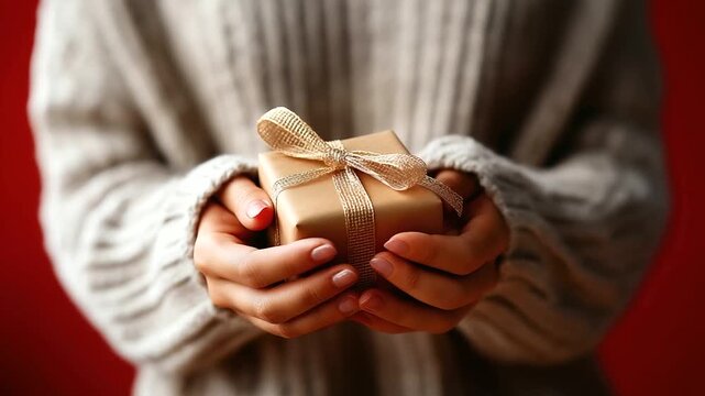 Female hands in pullover holding wrapped Christmas gift face completely not visible gift giving gesture holiday present winter celebration cozy sweater sleeves festive moment