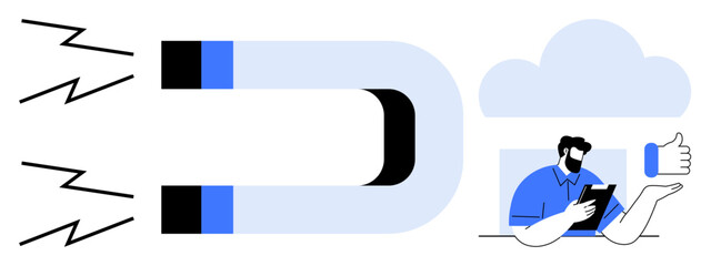 Magnet emitting energy attracting a person holding a tablet, shaped thumbs up approval with thumbs up. Ideal for marketing, engagement, leadership, customer retention, social connection, technology