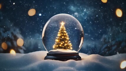 A beautiful Christmas snow globe with a glowing tree, surrounded by a snowy winter wonderland and sparkling festive lights, perfect for the holiday season - Powered by Adobe