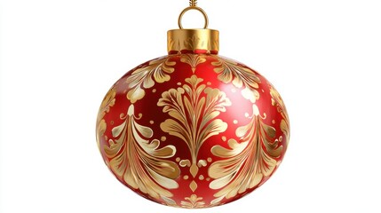 Single glossy red Christmas bauble with elegant gold ornament pattern on a white background.