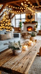 Cozy rustic living room with a wooden coffee table, candles and fir arrangement, fireplace and glowing Christmas tree in the background.