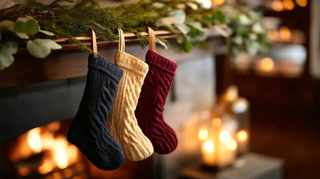 Close up of stockings hung on fireplace mantel with garland no faces or people visible Christmas tradition setup holiday decoration festive mantel xmas stockings seasonal dis