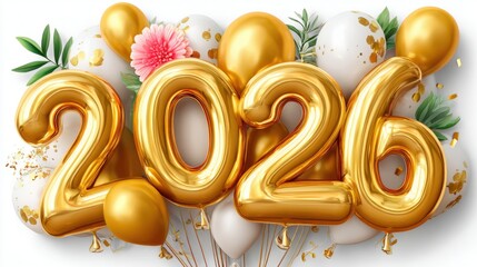 Shiny golden foil 2026 number balloons with white balloons, confetti, tropical leaves and pink flower, bright New Year party celebration concept on white