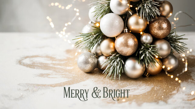 Silver and light gold Christmas baubles with snowy pine and glowing garland on gold glitter background, empty copy space, concept of greeting - Powered by Adobe