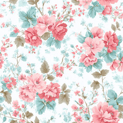 Obraz premium Floral Pink and Blue Pattern Wallpaper Background – Soft Botanical Pattern for Prints, Merchandise, and Accessories
