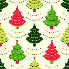 Festive Christmas tree seamless pattern. Vibrant Xmas background. Vector repeating ornament useful for print, gift paper, wallpaper, wrapping paper, digital paper, scrapbooking 