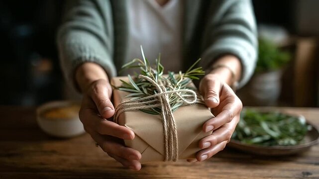 Hands wrapping present in eco friendly kraft paper with natural twine face obscured by work sustainable gift wrap zero waste Christmas environmentally friendly packaging green