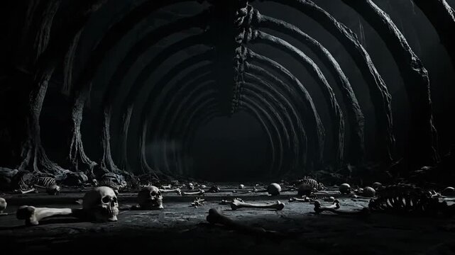 Dark tunnel of bones with skulls horror and surreal environment