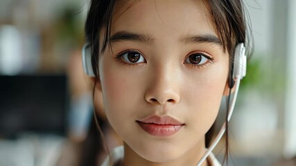 Listening with Clarity: A serene portrait of a young individual, eyes locked in a calm gaze, ears adorned with headphones, immersing themselves in sound.