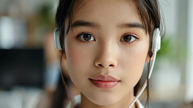 Listening with Clarity: A serene portrait of a young individual, eyes locked in a calm gaze, ears adorned with headphones, immersing themselves in sound.
