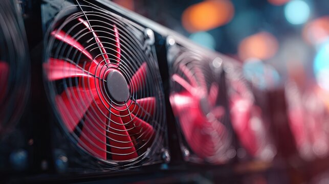 Row of spinning cooling fans with vibrant red blades illuminates dark electronic equipment