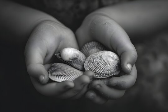Hands gently cradle a collection of seashells in monochrome - Powered by Adobe
