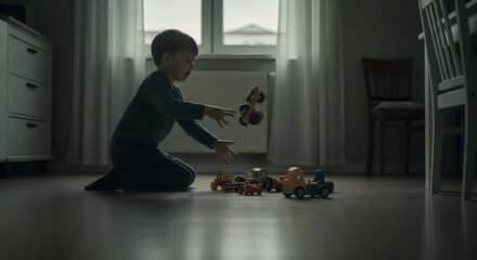 Boy playing with cars on floor, throwing one of his toy. Neurodiversity or autism spectrum disorder concept, childhood challenge.