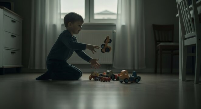 Boy playing with cars on floor, throwing one of his toy. Neurodiversity or autism spectrum disorder concept, childhood challenge.