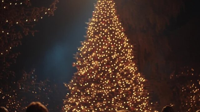 A cinematic moment as a crowd gathers with their backs to the camera, watching a Christmas tree illuminate the snowy night sky in a magical celebration of warmth, wonder, and togetherness tonight