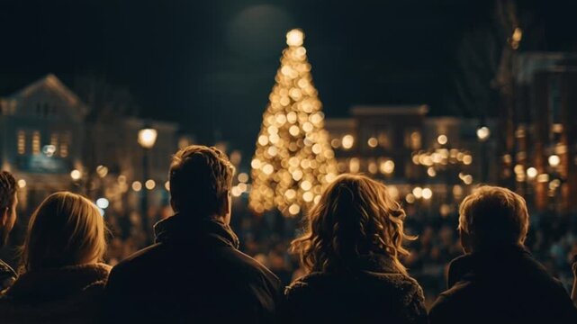 A cinematic moment as a crowd gathers with their backs to the camera, watching a Christmas tree illuminate the snowy night sky in a magical celebration of warmth, wonder, and togetherness tonight